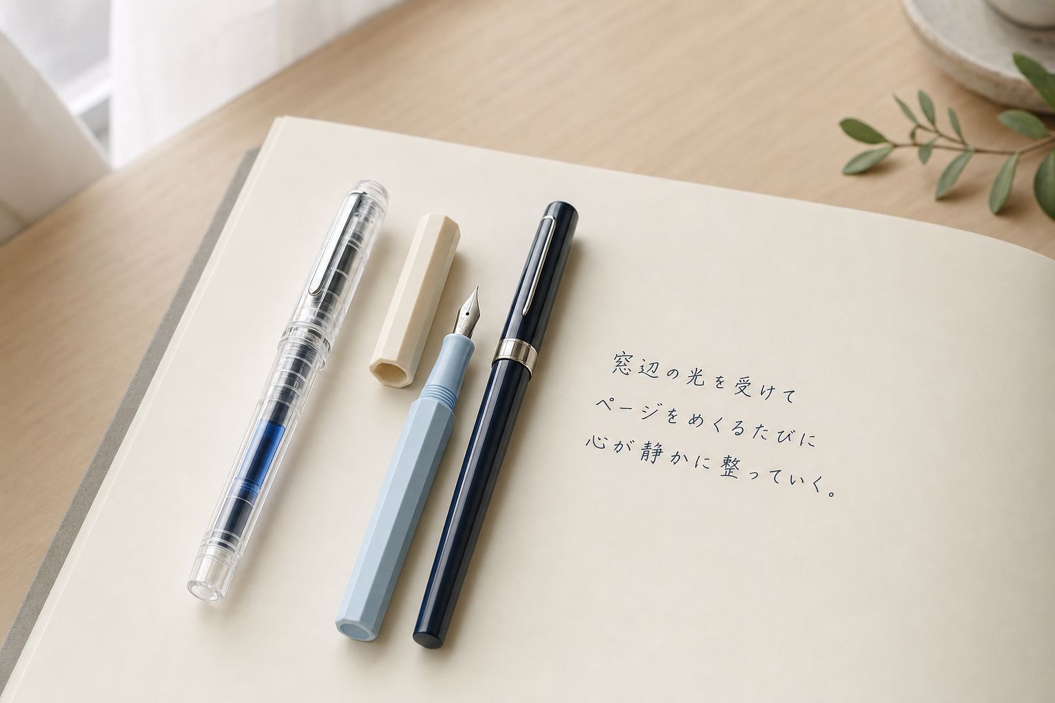 Three Japanese fountain pens laid on an open notebook page — a clear-bodied Platinum Preppy filled with blue ink, an uncapped pastel-blue hexagonal Pilot Kakuno showing its steel nib, and a navy lacquered Pilot MR — beside a few lines of handwritten Japanese