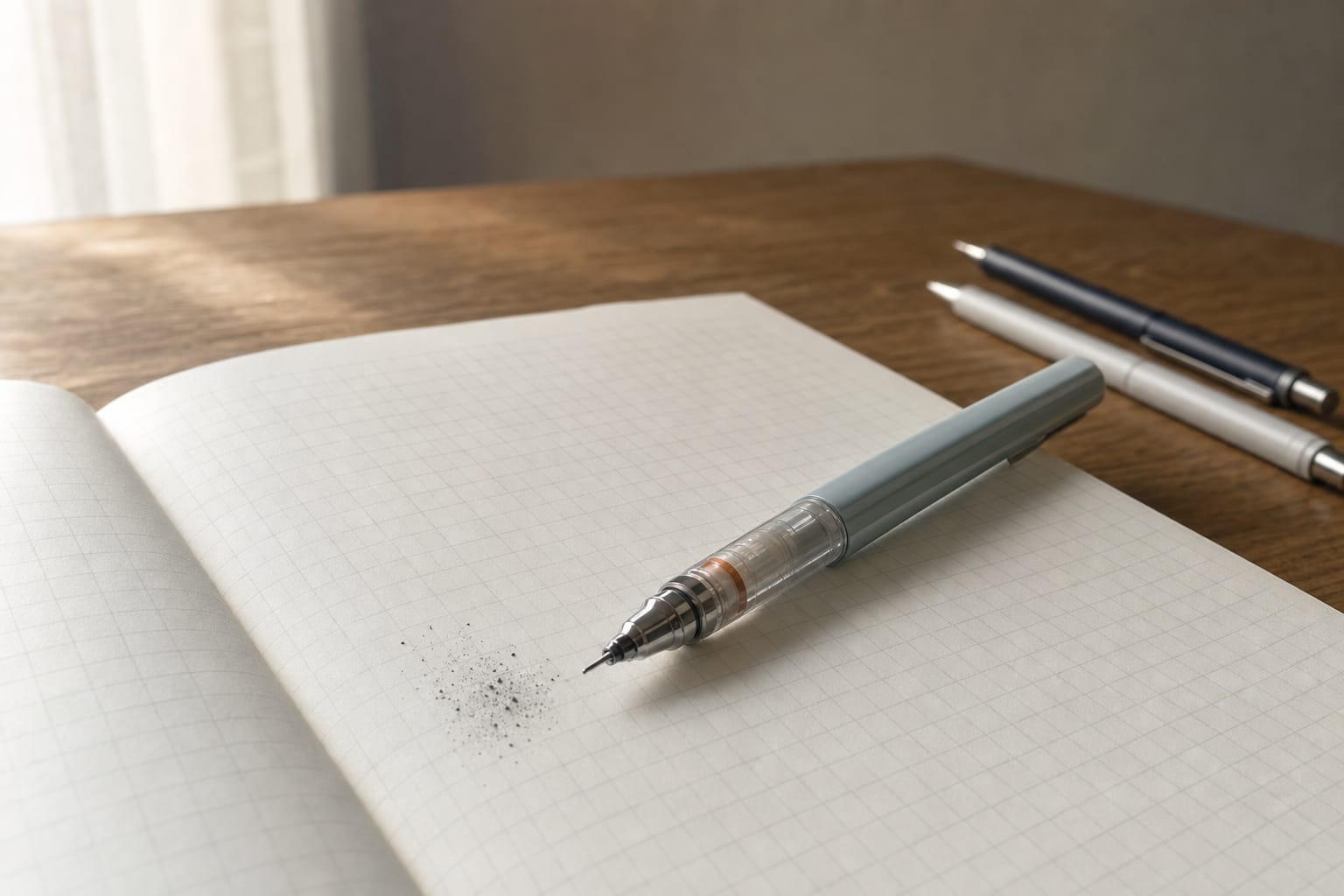 A uni Kuru Toga mechanical pencil resting on a grid notebook next to a small pile of pencil lead shavings