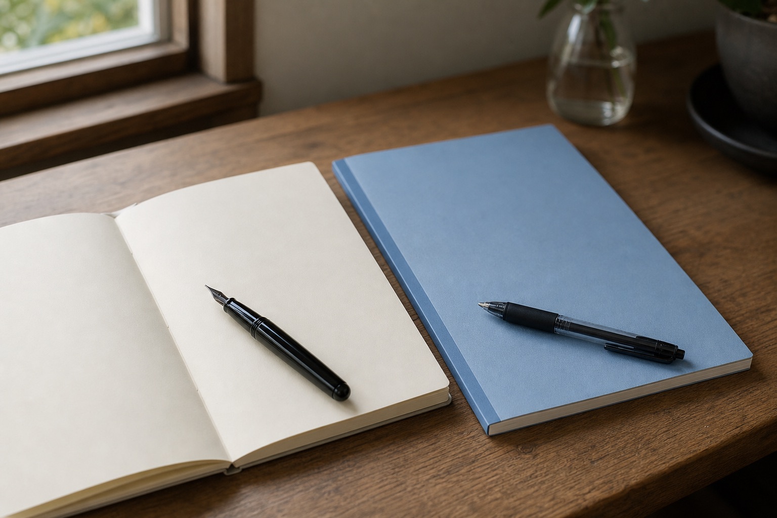 A cream-paper Midori MD notebook next to a blue Kokuyo Campus notebook on a wooden desk