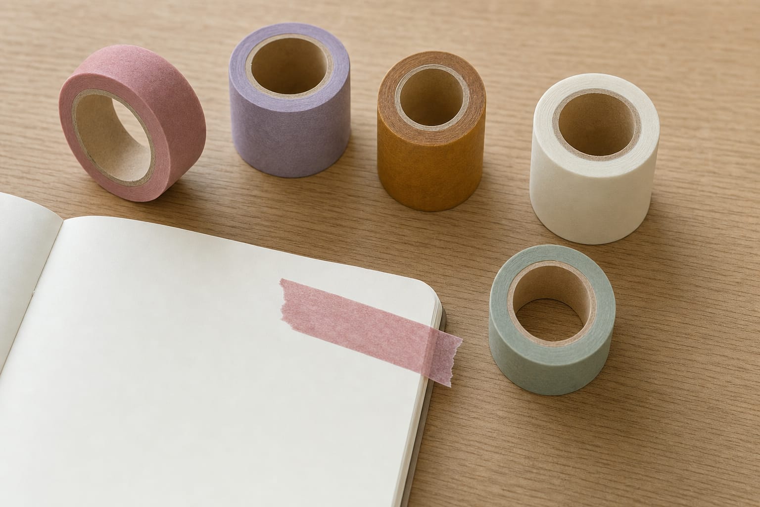 Rolls of mt washi tape in muted solid colors fanned out on a desk, with a torn strip stuck across the corner of a notebook page