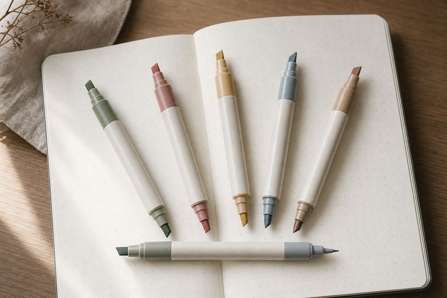 A row of Zebra Mildliner double-sided highlighters in muted colors fanned out on a notebook, showing the chisel tip on one end and the fine tip on the other